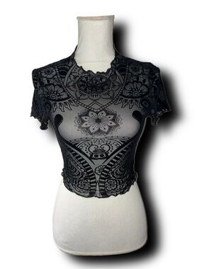 Mandala and Paisley Print Sheer Lettuce Hem Cropped Top Whimsigoth Vibes